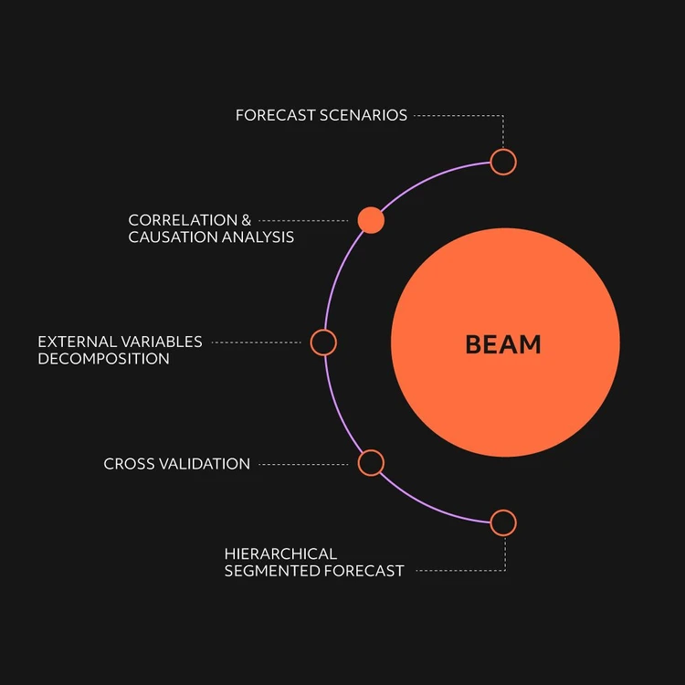 Infographic illustrating the ‘BEAM’ product as an orange circle from which five modules branch out in a cascade diagram. The phases, from top to bottom, are: ‘Forecast scenarios’, ‘Correlation & Causation analysis’, ‘External variables decomposition’, ‘Cross validation’ and ‘Hierarchical segmented forecast’. In this image, the focus is on the Correlation & Causation analysis process.