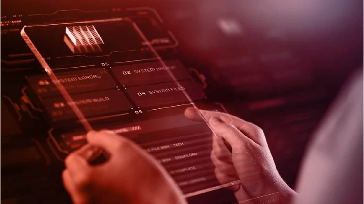 Hands holding a transparent tablet displaying menus and technical data, symbolizing the management of cloud & infrastructure.